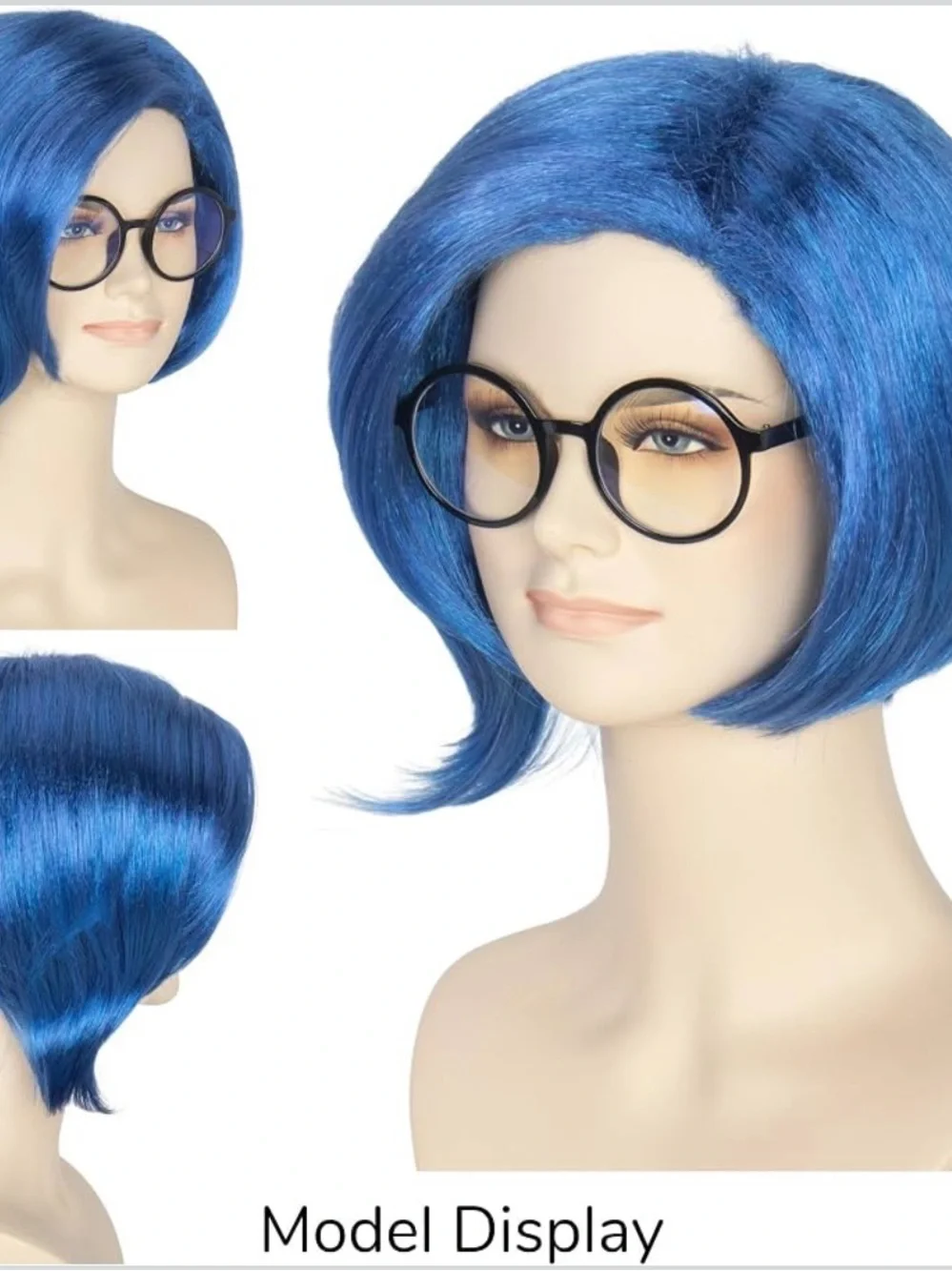 Miss U Hair Women Short Straight Blue Wig with Glasses for Adult